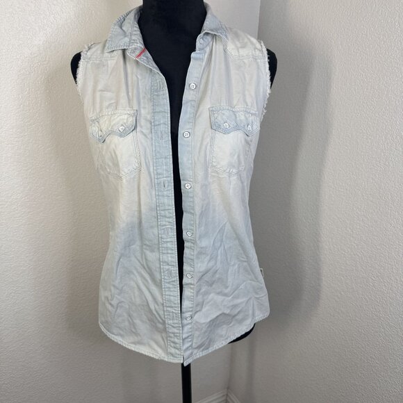 Converse All Star Sleeveless Button-Up Denim Shirt With Frayed Edges Faded Blue‎ - Picture 1 of 8